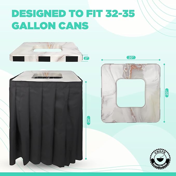 Square Black Trash Can Topper Cover With Solid Pleated Skirt | Designed to Fit 32-35 Gallon Trash Cans | Elegant Party Supplies for Weddings, Banquets, Birthday Parties & More (Black Top Blue Skirt)