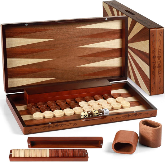 Wooden Folding Backgammon Set - Large 15.75" (40cm), Handcrafted Exquisite Design, Perfect for Adults & Kids, Ideal for Backgammon Enthusiasts