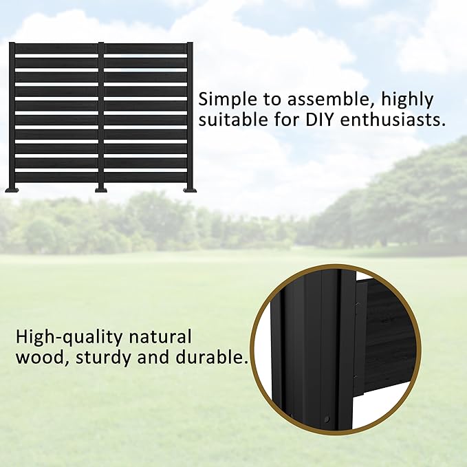 MUPATER 60” H×78” W Outdoor Privacy Screen, Wood Privacy Fence Panel for Hard Ground and Soil, 2 Way to Use, Air Conditioner Fence Kit, Trash Can Enclosure with Aluminum Stakes, Black (2 Panels)