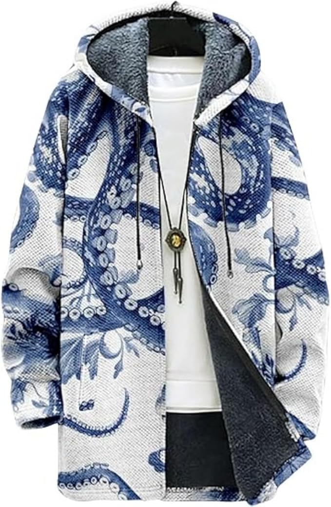 Men's Hooded Sweater Coat Knit Fleece Lined Long Cardigan Jacket with Zip Front Pocket Vintage Casual Zip Up