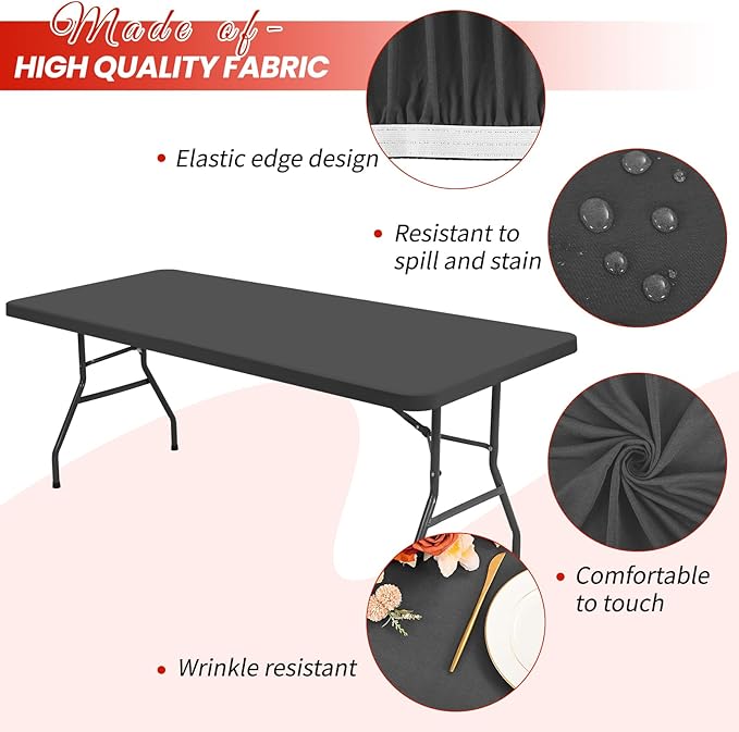 6 Pack Stretch Fabric Table Top Cap Cover, Gray Table Covers fits 8Ft Tables, Washable Elastic Universal Rectangle Tablecloth Protector for Indoor Outdoor Party Picnic Wedding (30" W x 96" L)