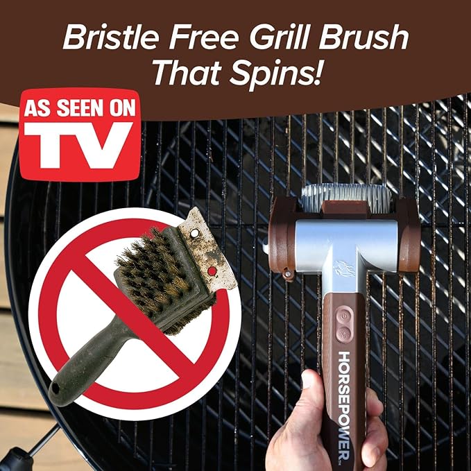 Horsepower Giddy Up GOLD Bristle-Free Spinning Grill Brush w/LED & Longer Run Time, Cordless/Rechargeable, 304 Stainless Steel Power Roller Blasts Away Burnt-On Food, No Bristles No Preheating 350 RPM