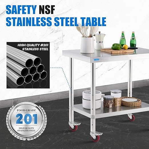Stainless Steel Table for Prep & Work with 4 Caster Wheels with Undershelf 30 x 36 NSF Metal Commercial Kitchen Adjustable Under Shelf Worktable for Restaurant Home Outdoor