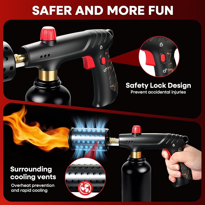 Propane Torch, Cooking Blow Torch Gun with a Safety Lock, Charcoal Lighter, Flame Thrower, Kitchen Food Torch Head for Grill, Sous Vide, BBQ (Tank Not Included) (Golden)