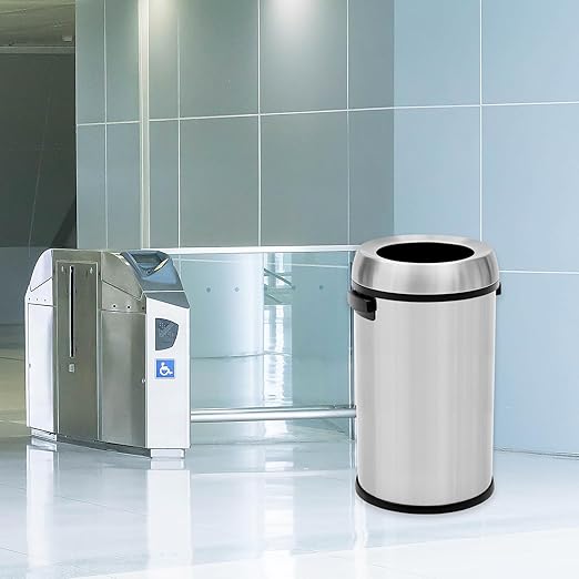 GarveeHome 17 gal/65 L Open Top Trash Can, Stainless Steel Rubbish Bin, Commercial Grade Waste Container, Round Garbage Can for Outdoor, Home Office, Restaurant, Silver