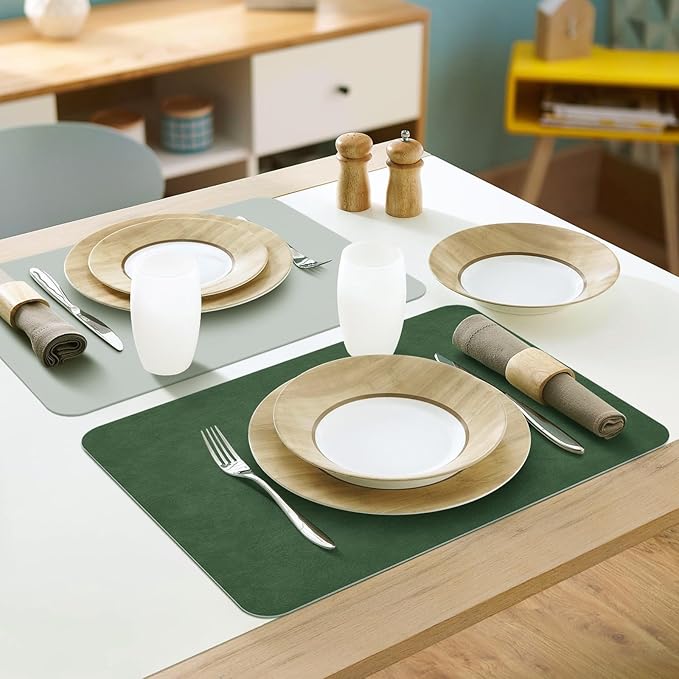 Faux Leather Placemats Set of 6 Table Mats Heat Resistant Reversible Place Mats, Waterproof Wipeable Dining Table Placemats for Home Party Outdoor, 15.8 × 11.8 inches (Green/Grey)