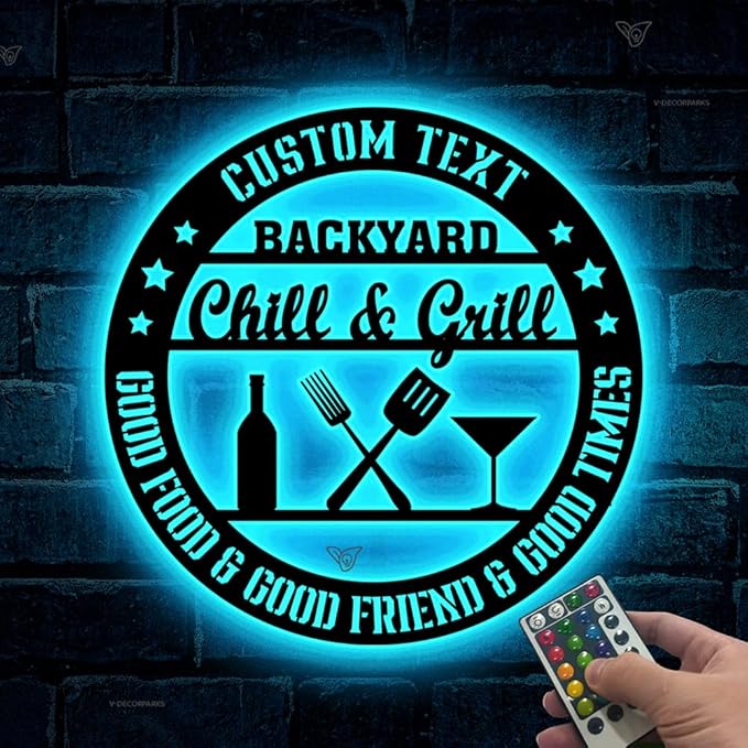 Backyard Bar & Grill LED Sign - Personalized Name Signs with Lights, BBQ Grill Wall Art, 16-Color LED with Remote Control, Neon Bar Sign for Patio, Man Cave, Porch