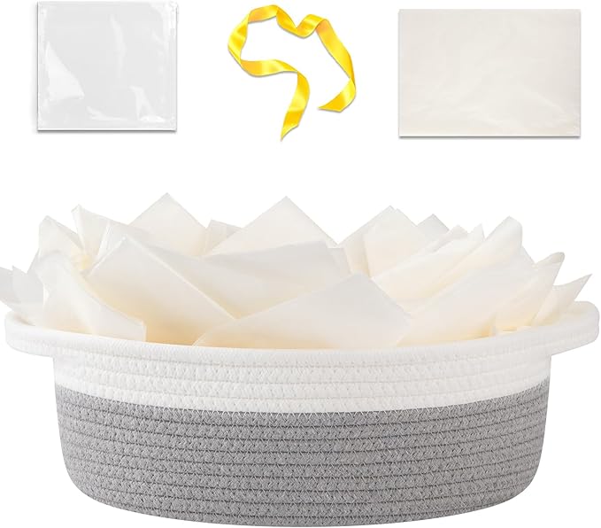 OIAHOMY Gift Basket Empty with Handle, 12"x 8"x 5" Small Woven Basket with Gift Bag, Ribbon and Wrap Tissue Paper, Dog Toy Storage for Organizing - Grey & White