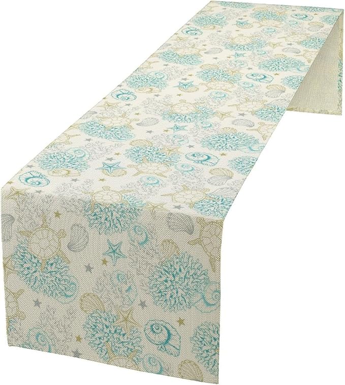 Ocean Coastal Table Runner, Nautical Summer Beach Coral Sea Turtle Table Runner for Kitchen Coffee Dining Bedroom Living Room Dinner 13x108in