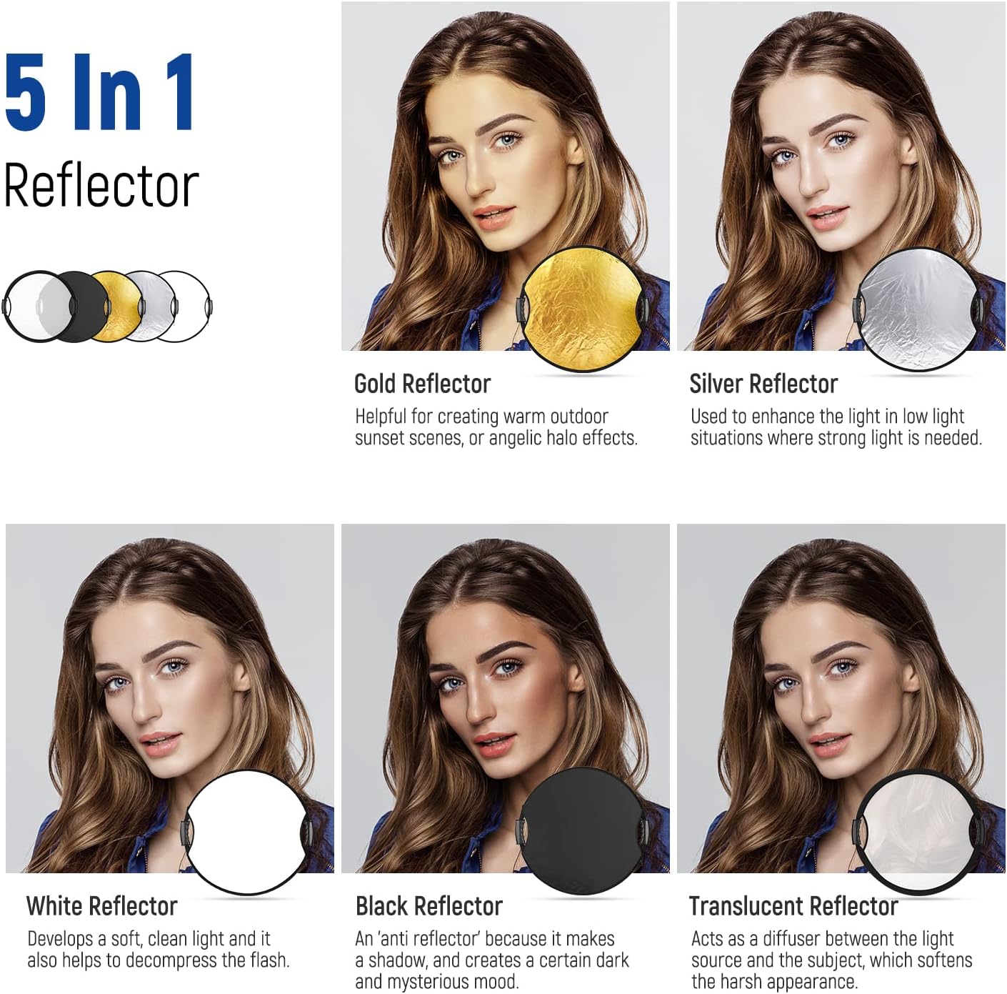 NEEWER 22"/56cm Light Reflector with Handle Grip with 3/8" Thread, 5 in 1 Collapsible Disc Light Diffuser Translucent/Silver/Gold/White/Black for Photography Lighting, Outdoor Lighting, RF-56II