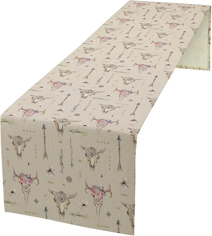 Western Boho Table Runner, Aztec Native Tribal Bull Skull Southwestern Bohemian Geometric Floral Pattern Table Runner for Home Kitchen Dining Party Farmhouse Cafe 13x90in