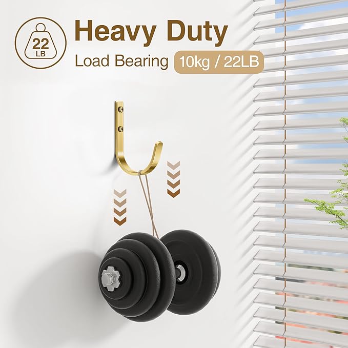 Wall Hooks for Hanging Towel/Coat - 22LB Screw in Metal Hanger Wall Mount, for Outdoor, Closet, Door, Bathrooms, for Backpack, Robe, Brushed Gold 5 Pack