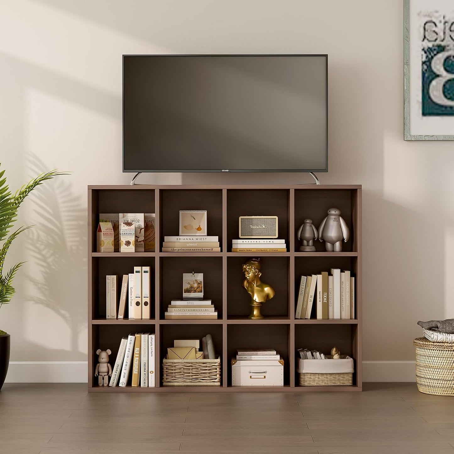 12-Cube Storage Shelf Bookcase - Wooden 3-Tier Floor Standing Open Bookshelf for Home and Office, Cuby Orgainzer, Walnut