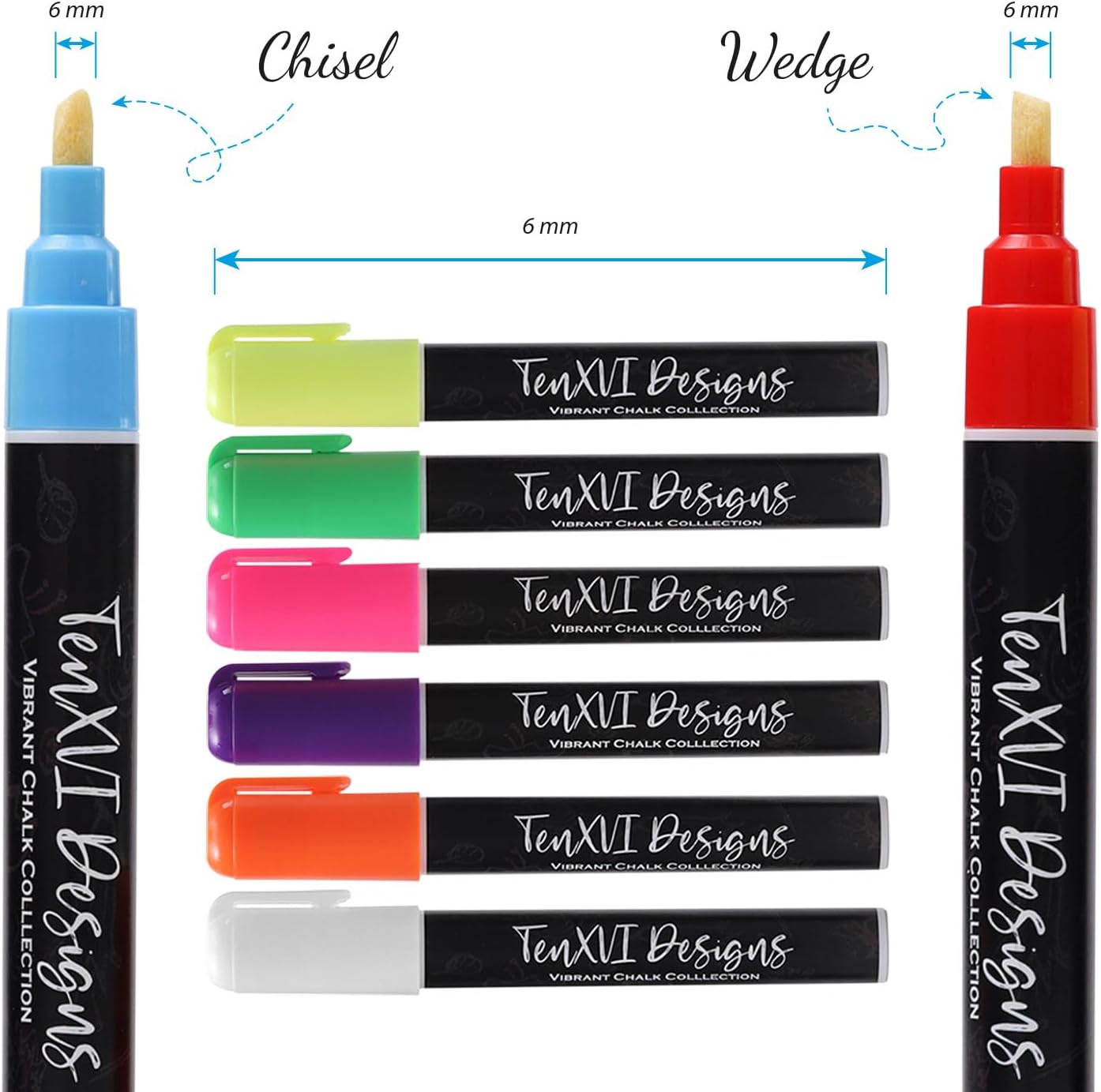 TenXVI Designs Chalk Markers - 8 Vibrant Colors, 6mm Reversible Tips, Erasable, Non-Toxic, Water Based for Kids & Adults - For Chalkboard, Glass & Non-Porous Surfaces, Liquid Chalk Board Markers