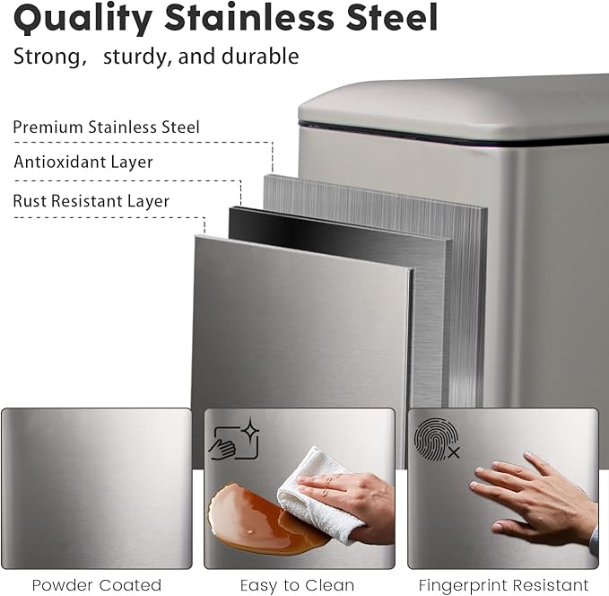 Bathroom Bin 17L, Kitchen Bins Small Trash Can with Soft Close Lid,Slim Pedal Bin with Removable Inner Bucket for Home,Bathroom,Kitchen,Bedroom,and Office.Grey