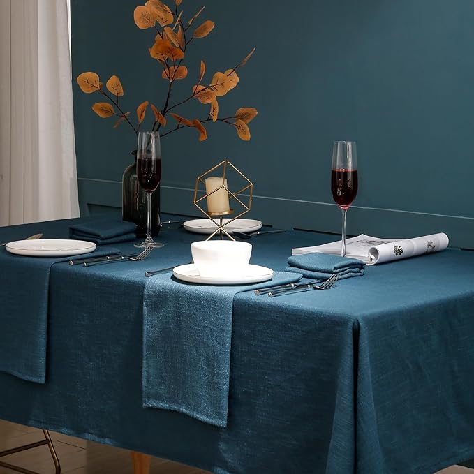 Rectangle Blue Tablecloth 60 x 108 Inch, Linen Textured Waterproof Table Cloth, French Soft Decorative Fabric Table Cover for Dining, Wedding, Party, Farmhouse, Father's Day - Blue