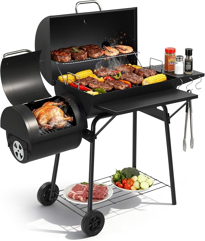 Outvita Charcoal Grill with Offset Smoker, Barrel Barbecue Smoker Grill with Spacious Cooking Area for BBQ, Backyard Patio Picnic Parties Camping, Black