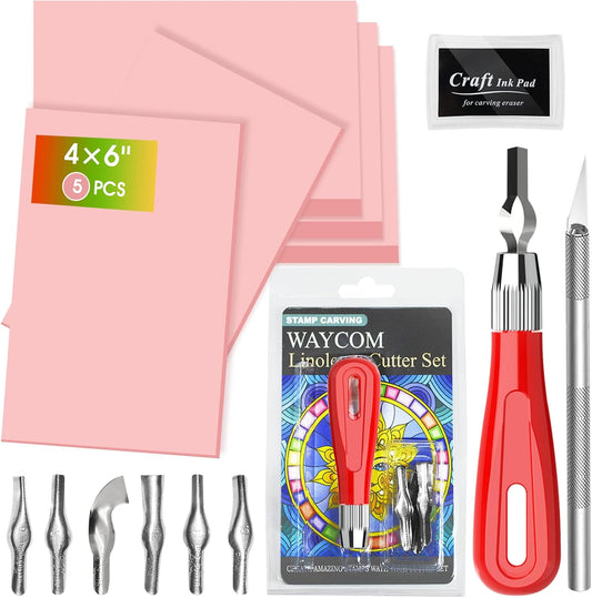 WAYCOM 5-Pack Linoleum Blocks for Printmaking with Cutter Tools, Rubber Block Stamp Carving Blocks Stamp Making Kit Craft Ink Pad Hobby Knife for DIY Printmaking,Printing and More