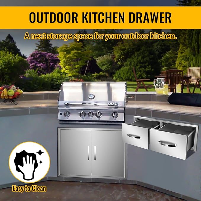 Pull Out Trash Drawer, Lower Sliding Rails Stainless Steel Roll Out Trash Bin Pull Out Tray With Handle For Outdoor Kitchen BBQ Island Grill Station,Double Drawers