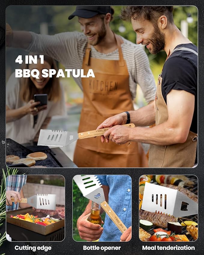 Coralogo 4PCS Grilling Accessories BBQ Tools - Stainless Steel Grill Set with Tongs, Fork, Spatula, Brush, Carrying Bag, Christmas & Birthday Gift for Men, Father, Husband
