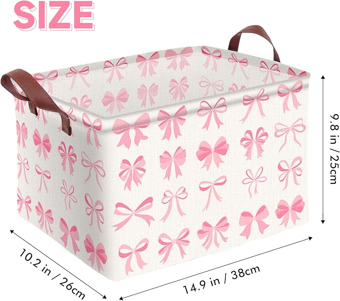Pink Bow Decor Storage Basket Waterproof Canvas Toy Storage Bin Coquette Room Decor Collapsible Outdoor Basket with Leather Handles Pink Blanket Baskets For Closets,Bedrooms,Gifts Baskets