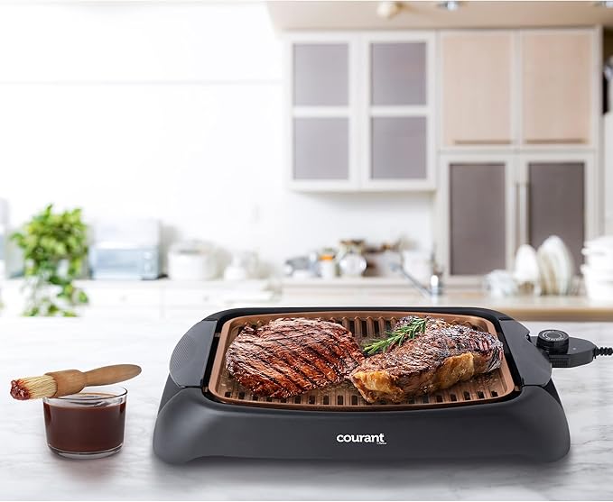 Courant smokeless indoor Electric grill, Copper Non-stick Coating Extra Large and Adjustable Temperature Control, Grill BBQ, Table Top Indoor Grill