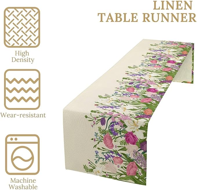 Floral Table Runner,Watercolor Spring Summer Seasons Pink Purple Flowers Table Decoration for Wedding Holiday Indoor Outdoor Home Party 13x108in