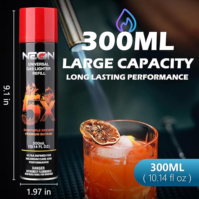 NEON Butane Fuel 300ml, 5X Premium Refined Butane Refill for Torch Lighter, 0 Impurities Lighter Fluid with Metal Nozzle & 5 Butane Gas Refill Adapters for Culinary, Welding, and DIY (12 Cans)