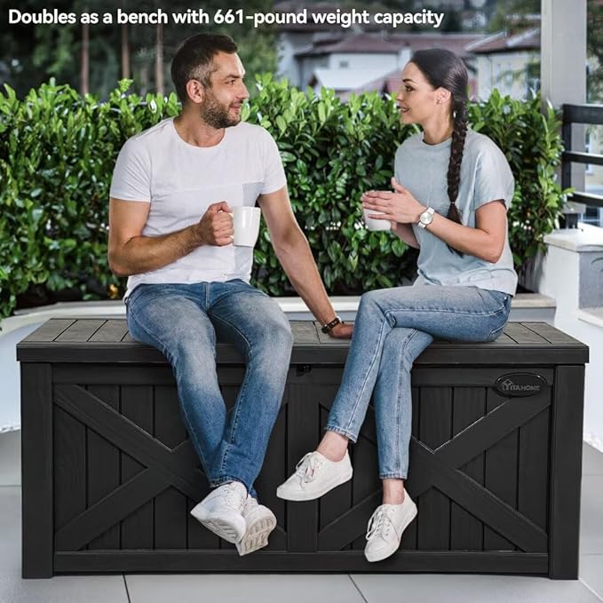 YITAHOME 120 Gallon Large Outdoor Storage Box with X-Shaped Front, Waterproof Resin Deck Box Cushion Storage Bench for Patio, Pool Supplies, Garden Tools - Lockable, Black
