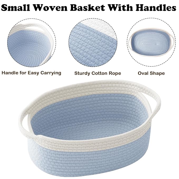 Gift Basket with Gift Bag and Ribbons,Small Rope Woven Shelf Storage,Baskets for Gifts Empty,Birthday,Baby Shower,Decorative Organizer Box with Handles(White&Blue)