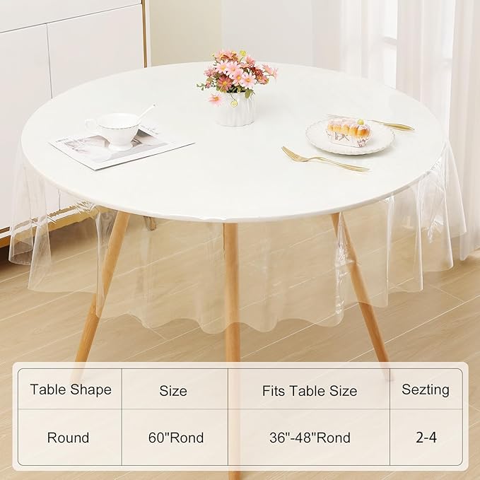 Smiry Round Table Cloth 60 Inch, Waterproof Wipeable Vinyl Tablecloths Protector, Oil Spill Proof Plastic Table Cover for Dining, Picnic, Camping, Outdoor, Clear