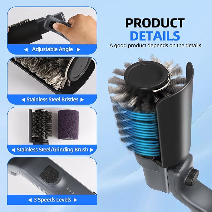 Upgraded Electric Grill Brush, Cordless Rechargeable Grill Cleaning Brush with Adjustable Angle, Stainless Steel Brush Head, 3-Speed Power, 90-Min Runtime, Waterproof Cleaner for BBQ Grates (Gray)