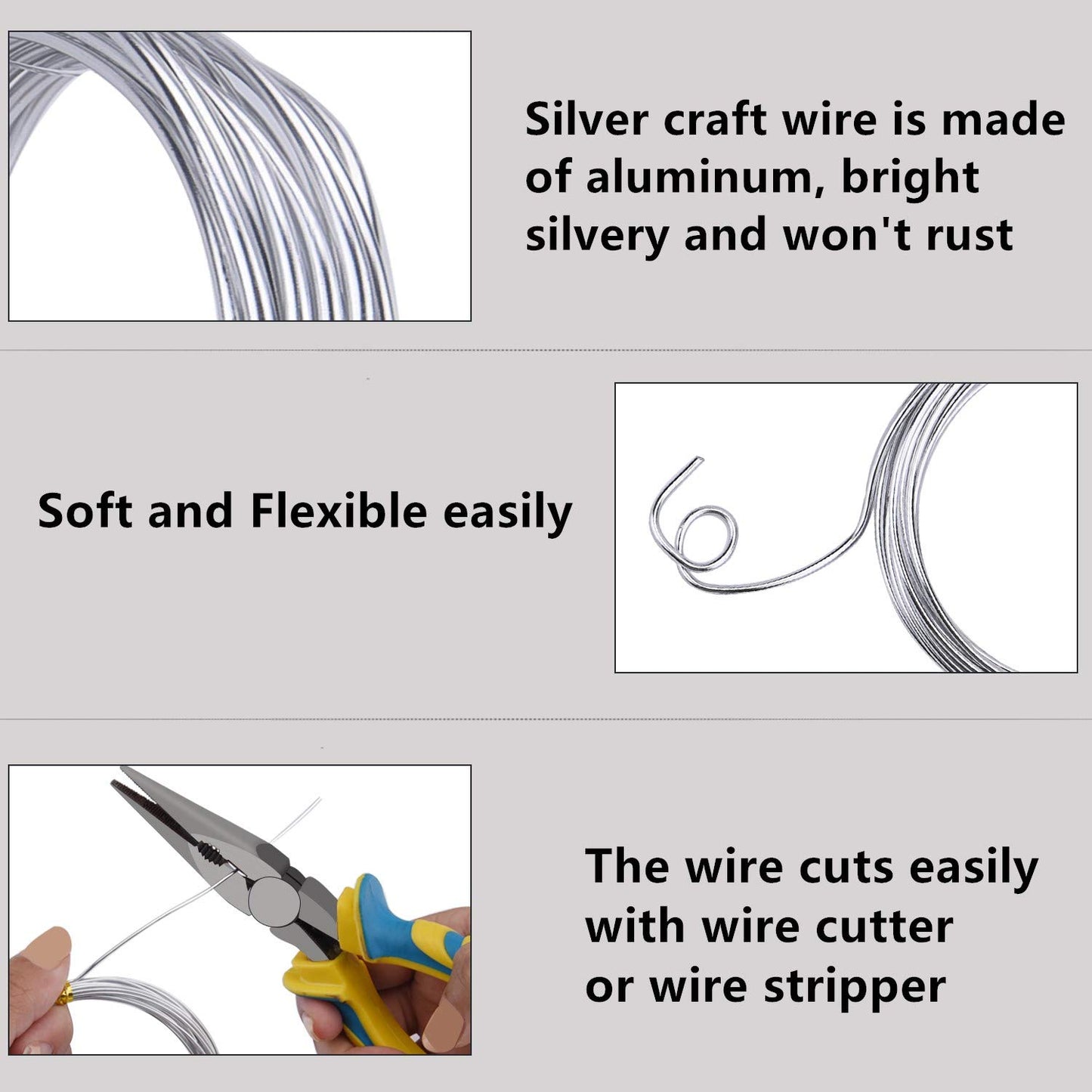 6 Rolls Silvery DIY Craft Art Aluminum Wire, 1mm, 1.5mm, 2mm, 3mm in Diameter
