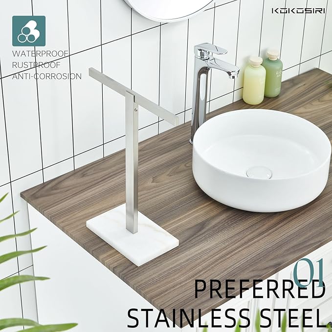 KOKOSIRI Hand Towel Bar Stand Towel Rack with Marble Base for Bathroom Kitchen Vanity Countertop, Brushed Stainless Steel 15.7'' Height THS0002-SM-BR