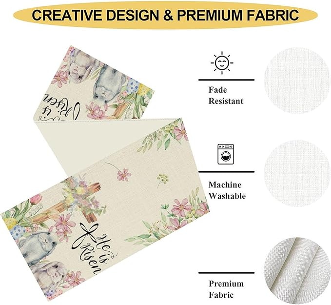 Easter Bunny Rabbits Table Runner,Boho Floral Cross Rabbits Easter Eggs Spring Table Center Decor for Family Kitchen and Living Room Outdoor Farmhouse Party Table Decorations, 13"x72"