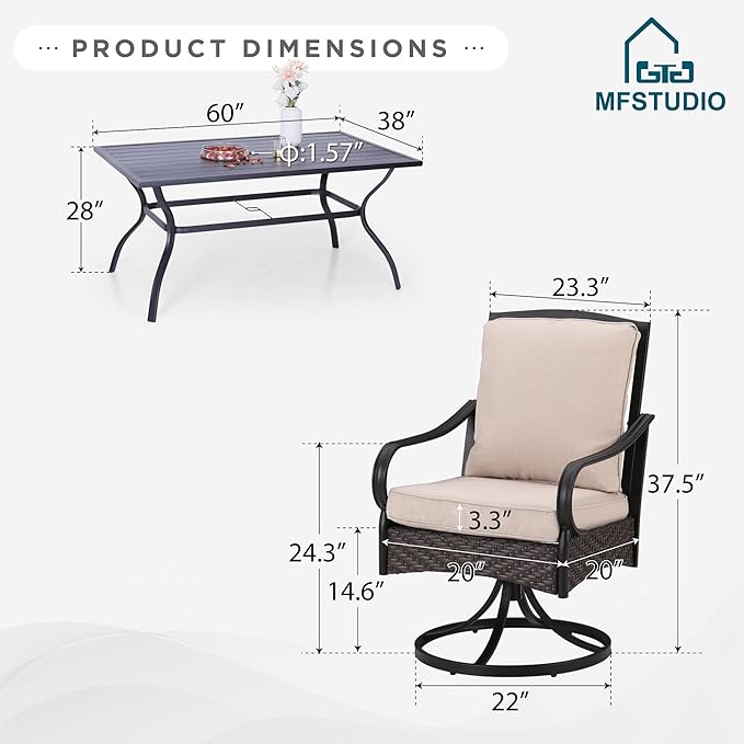 MFSTUDIO 7 Piece Patio Dining Sets with Swivel Chairs, 60’’ Metal Rectangular Dining Table for 6 and Chairs, Heavy Duty Outdoor Dining Furniture Set, Deck, Backyard