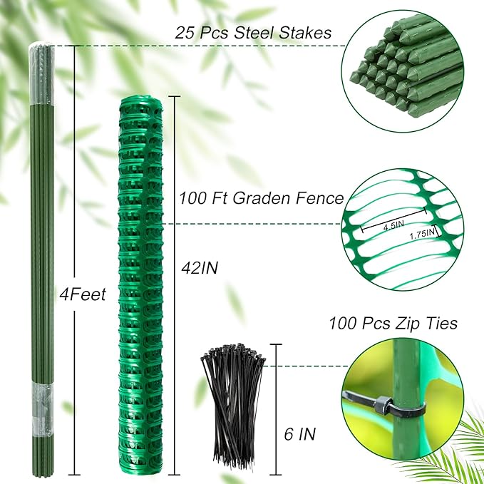 Plastic Fencing Temporary Fence,Snow Fence 4x100 with Stakes,Garden Fencings Plastic with Poles,Reusable Safety Fence,Construction Fence,Garden Fencing Roll for Pool,Lawn,Deer
