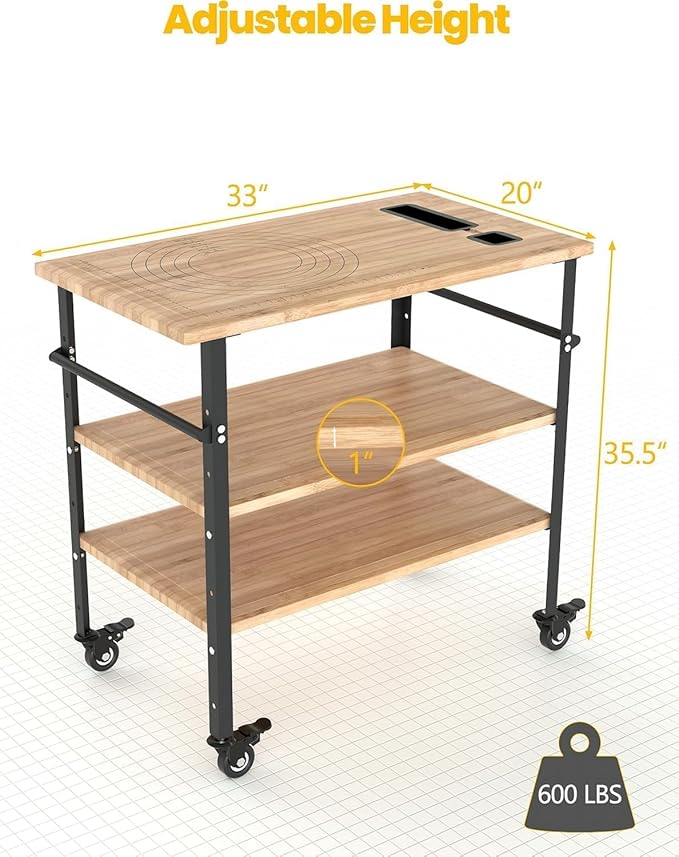 DEXSO 38x20x6.5in Bamboo Pizza Oven Table - 3-Shelf Outdoor Grill Cart with 4 Wheels, Wood Color Food Prep & BBQ Dining Table