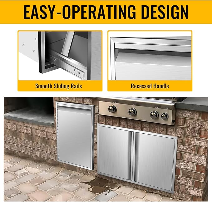 Outdoor Kitchen Stainless Steel Triple Access BBQ Drawers With Handle For BBQ Island Patio Grill Station,Trash Drawer