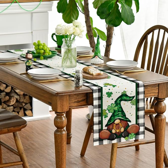 Artoid Mode Buffalo Plaid Shamrock Gnome St. Patrick's Day Table Runner, Seasonal Spring Holiday Kitchen Dining Table Decoration for Indoor Outdoor Home Party Decor 13 x 72 Inch