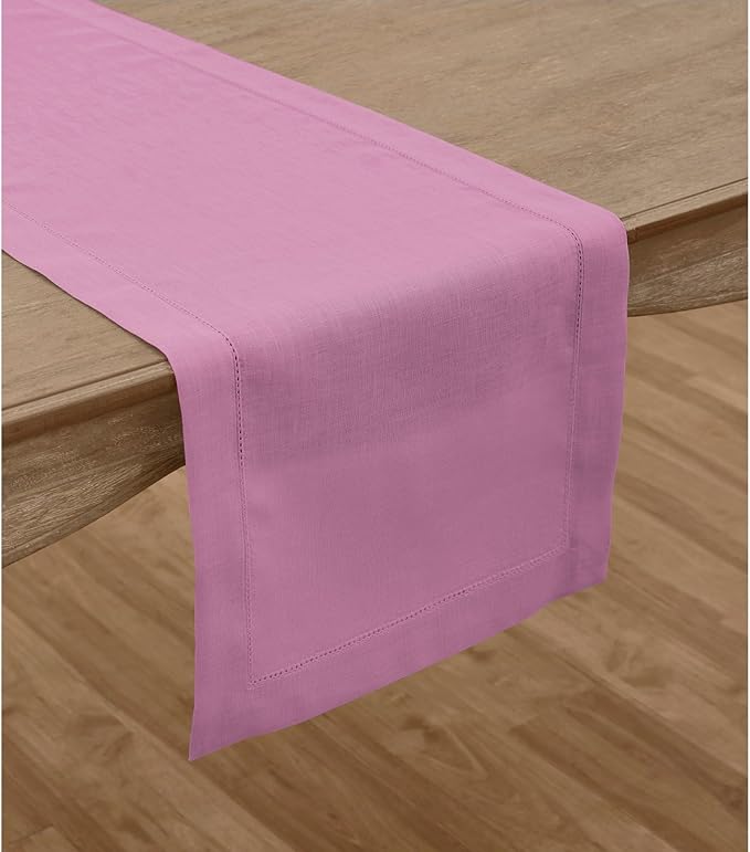 Solino Home Linen Violet Table Runner 90 Inches Long - 100% Pure Linen Hemstitch 14 x 90 Inch Table Runner for Dining, Valentines, Spring, Easter - Classic Hemstitch
