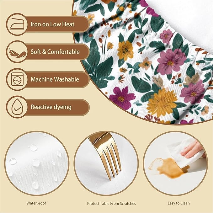 Rectangle Table Cloth Cover Waterproof Elastic Fitted Polyester Fitted Tablecloths for 8 Foot Tables for Indoor,Picnic, Camping, Outdoor （96" x 30"，Floral Print）