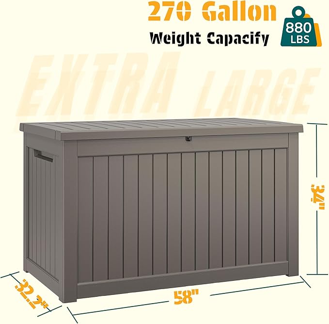 NUNU LAB 270 Gallon Large Resin Deck Box, Waterproof Outdoor Storage Box, Lockable Storage Bin for Patio Furniture, Garden Tools, Pool Accessories, UV-Resistant & All-Weather, Grey