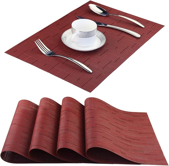 Vinyl Placemats,Washable Table Mats Easy to Clean Woven Placemats for Dining Table Set of 4(Burgundy Red)