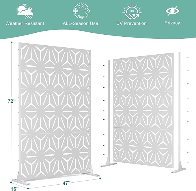 Metal Privacy Screen for Outdoor & Indoor Use, Free Standing Privacy Screen for Patio Garden Pool, 72" H x 47" W Decoative Privacy Panels, Weather Resistant, Easy Assembly (White Star)