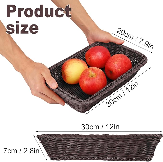 6 Pack 12 Inch Wicker Bread Basket, Handmade Woven Poly Wicker Bread Baskets, Rectangular Food Serving Basket for Dining Table, Candies, Crackers, Fruit, Vegetables