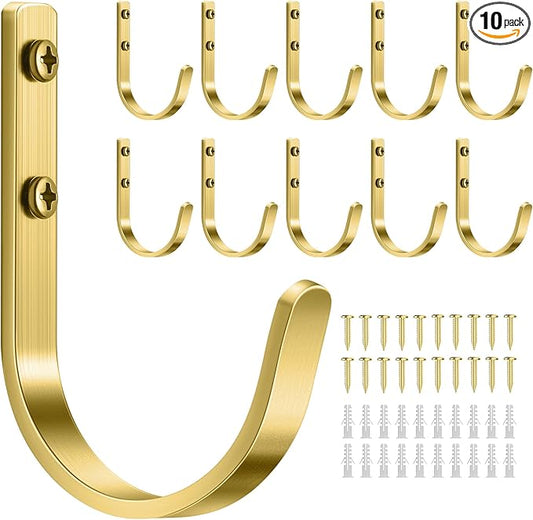 10 Pack Wall Hooks for Hanging Towel/Coat - 22LB Screw in Metal Hanger Wall Mount, for Outdoor, Closet, Door, Bathrooms, for Backpack, Robe, Brushed Gold