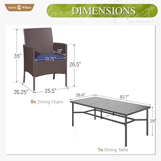Sophia & William 9 Pieces Patio Dining Set for 8, Outdoor Patio Table and Rattan Chairs Set, 83" L Extra Large Rectangular Table, 1.75" Umbrella Hole, Navy Removable Seat Cushions