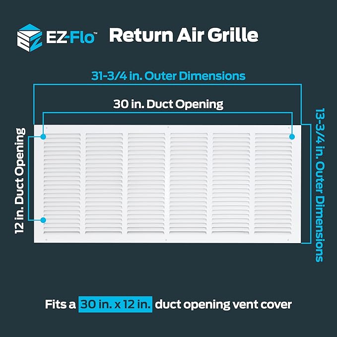 EZ-FLO 30 x 12 Inch (Duct Opening) Return Air Vent Cover for Wall or Ceiling, Solid Steel Return Air Grille, HVAC Vent Cover, White, 61648