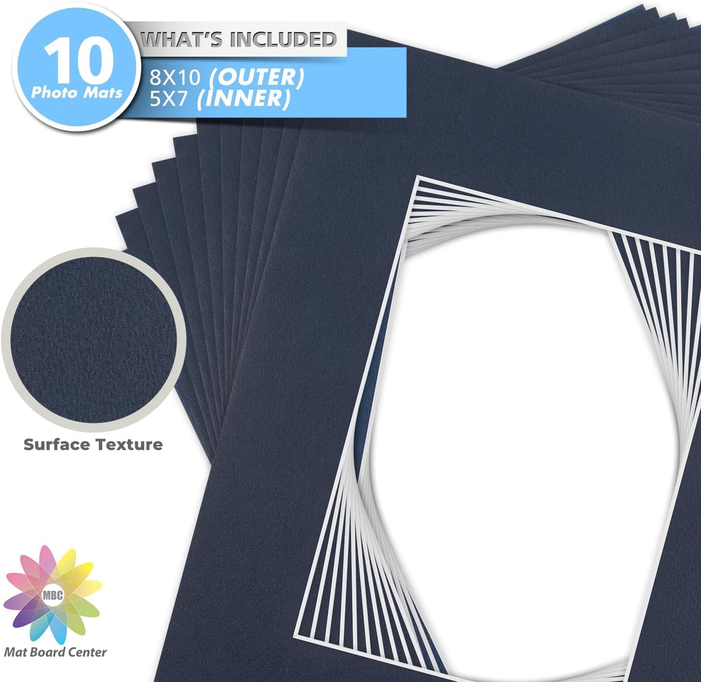 Mat Board Center, Pack of 10, 8x10 for 5x7 Dignity Blue Color Mats - Bevel Cut, Acid Free, 4-ply Thickness, White Core - for Pictures, Photos, Framing